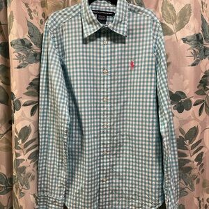 Rare 100 % Cotton EUC Ralph Lauren Teal Check Button-Down Shirt. Actual color #3